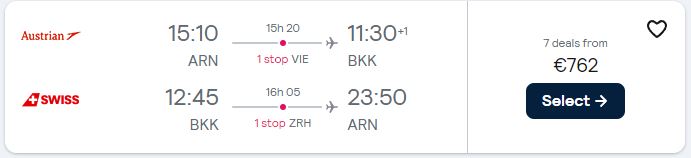 Premium Economy flights from Stockholm or Gothenburg, Sweden to Bangkok, Thailand from only €759 roundtrip with Swiss International Air Lines. Flight deal ticket image.