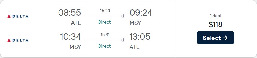 Nonstop flights from Atlanta to New Orleans for just $118 roundtrip with Delta Air Lines.  Also works in reverse.  Image of flight offer ticket.