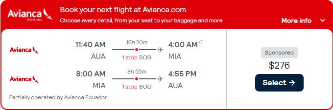 Cheap flights from Aruba to Miami, USA for only $276 USD roundtrip with Avianca. Flight deal ticket image.