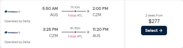 Summer flights from Austin, Texas to Cozumel, Mexico for only $277 roundtrip with Delta Air Lines. Flight deal ticket image.