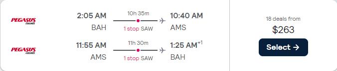 Click here to book this cheap flight deal. Christmas and New Year flights from Bahrain to Amsterdam, Netherlands for only $263 USD roundtrip. Flight deal ticket image.
