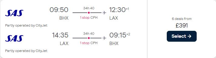 Cheap flights from Birmingham or Manchester, UK to Los Angeles, USA from only £391 roundtrip with Scandinavian Airlines. Flight deal ticket image.