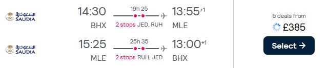 Click here to book this cheap flight deal. Cheap flights from Birmingham, UK to the Maldives for only £385 roundtrip. Flight deal ticket image.