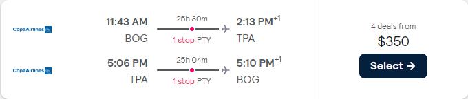 Vols d'été de Bogota, Colombie à Tampa, Floride pour seulement 350 $ US aller-retour avec Copa Airlines.  Image du billet de l'offre de vol.