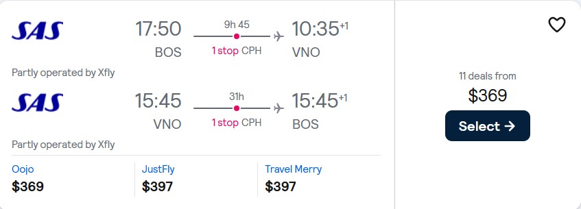 Click here to book this cheap flight deal. Cheap flights from Boston to Vilnius, Lithuania for only $369 roundtrip with Scandinavian Airlines. Flight deal ticket image.