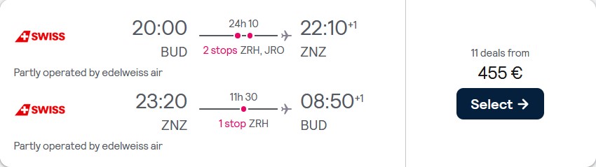Cheap flights from Budapest, Hungary to Zanzibar, Tanzania for only €455 roundtrip with Swiss International Air Lines. Flight deal ticket image.
