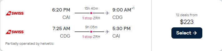 Vols pas chers du Caire, Égypte à Paris, France pour seulement 223 $ US aller-retour avec Swiss International Air Lines.  Image du billet de l'offre de vol.