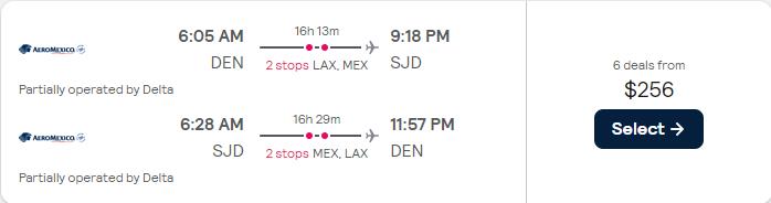 Summer flights from Denver, Colorado to San Jose del Cabo, Mexico for only $256 roundtrip with Delta Air Lines and Aeromexico. Flight deal ticket image.