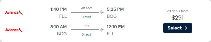 Non-stop flights from Fort Lauderdale to Bogota, Colombia for only $291 roundtrip with Avianca. Flight deal ticket image.