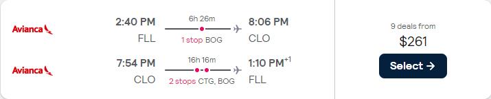 Vols d'été de Fort Lauderdale à Cali, Colombie pour seulement 261 $ aller-retour avec Avianca.  Image du billet de l'offre de vol.