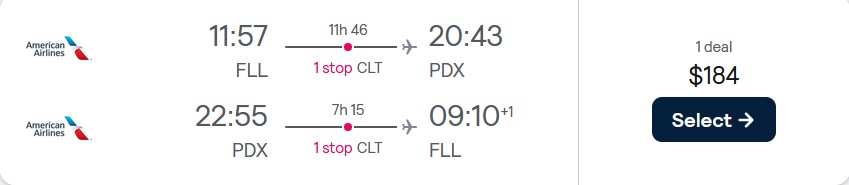 Cheap flights from Fort Lauderdale to Portland, Oregon for only $184 roundtrip with American Airlines. Also works in reverse. Flight deal ticket image.