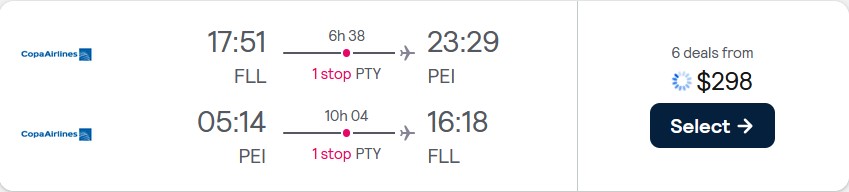 Summer flights from Fort Lauderdale to Pereira, Colombia for only $298 roundtrip with Copa Airlines. Flight deal ticket image.