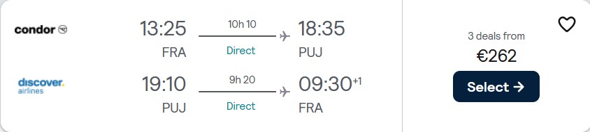 Non-stop, last minute flights from Frankfurt, Germany to the Dominican Republic for only €262 roundtrip. Flight deal ticket image.