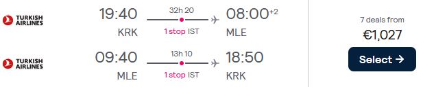 Business Class flights from Krakow or Warsaw, Poland to the Maldives from only €1027 roundtrip with Turkish Airlines. Flight deal ticket image.