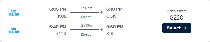 Business Class flights from Kuala Lumpur, Malaysia to Jakarta, Indonesia for only $220 USD roundtrip with KLM. Flight deal ticket image.