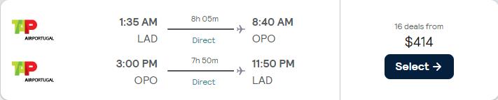 Non-stop flights from Luanda, Angola to Porto, Portugal for only $414 USD roundtrip with TAP Air Portugal. Flight deal ticket image.