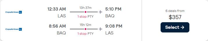 Click here to book this cheap flight deal. Cheap flights from Las Vegas to Barranquilla, Colombia for only $349 roundtrip with Copa Airlines. Flight deal ticket image.
