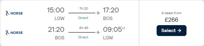 Non-stop flights from London, UK to Boston, USA for just £266 return.  Image of flight offer ticket.