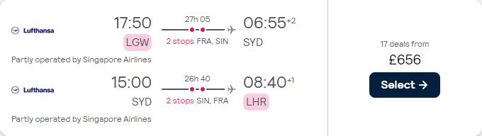 Click here to book this cheap flight deal. Cheap flights from London or Manchester, UK to Sydney or Perth, Australia from only £678 roundtrip with Lufthansa and Singapore Airlines. Flight deal ticket image.