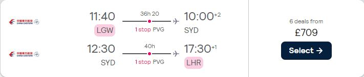 Cheap flights from London, UK to Sydney or Perth, Australia from only £709 roundtrip. Flight deal ticket image.