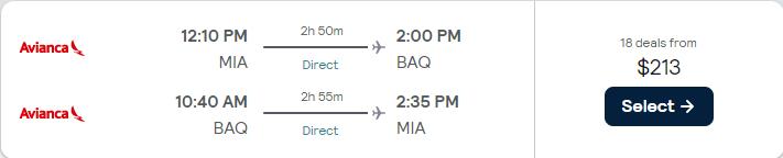 Non-stop, summer flights from Miami to Barranquilla, Colombia for only $213 roundtrip with Avianca. Flight deal ticket image.