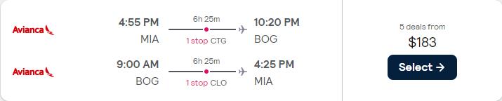 Summer flights from Florida cities to Bogota, Colombia from only $183 roundtrip with Avianca. Flight deal ticket image.