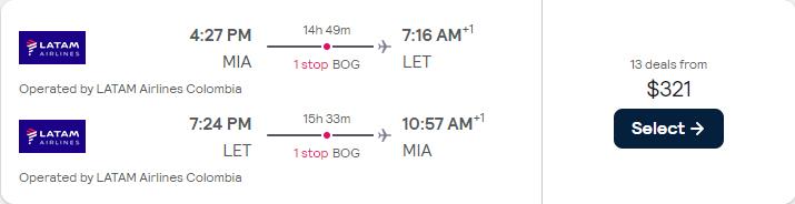 Cheap flights from Miami to Leticia, Colombia for only $321 roundtrip with LATAM Airlines. Flight deal ticket image.