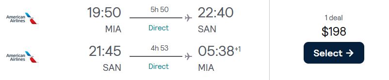 Non-stop flights from Miami to San Diego for only $198 roundtrip with American Airlines. Also works in reverse. Flight deal ticket image.