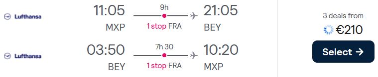 Cheap flights from Milan, Italy to Beirut, Lebanon for only €210 roundtrip with Lufthansa. Flight deal ticket image.