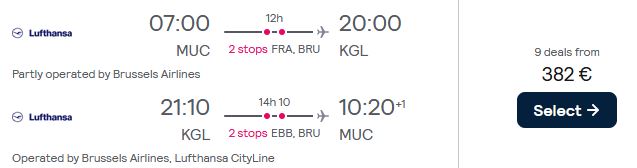 Cheap flights from Munich, Germany to Kigali, Rwanda for only €382 roundtrip with Lufthansa and Brussels Airlines. Flight deal ticket image.
