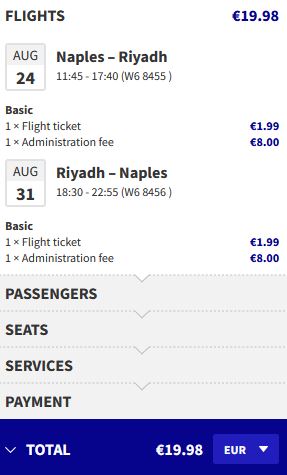 Summer, non-stop flights from Naples, Italy to Riyadh, Saudi Arabia for only €19 roundtrip. Flight deal ticket image.