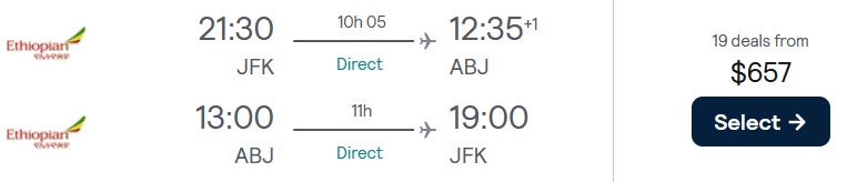 Non-stop flights from New York to Abidjan, Ivory Coast for only $657 roundtrip. Flight deal ticket image.