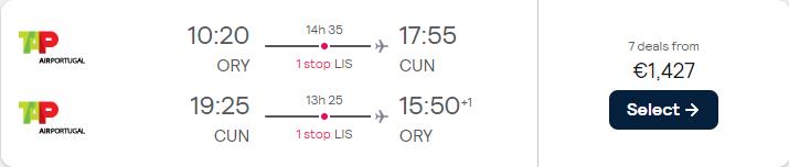 Business Class flights from Paris, France to Cancun, Mexico for only €1427 roundtrip with TAP Air Portugal. Flight deal ticket image.