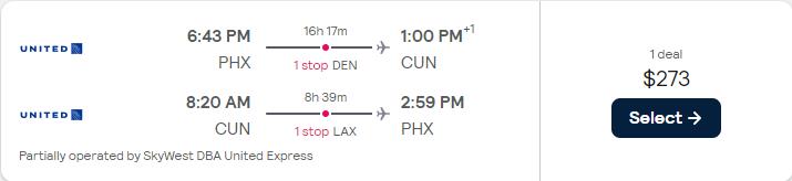 Summer flights from Phoenix, Arizona to Cancun, Mexico for only $268 roundtrip with United Airlines. Flight deal ticket image.