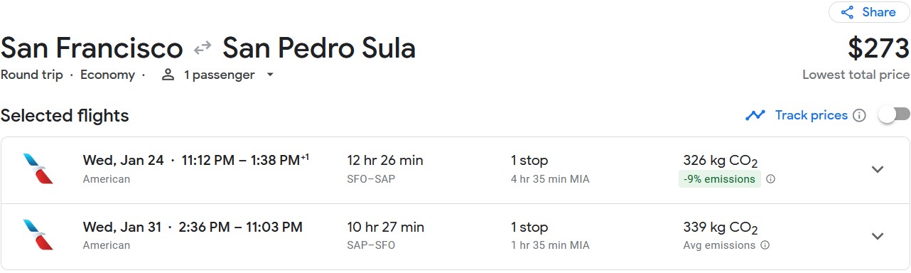 Non-stop flights from San Francisco to San Pedro Sula, Honduras for only €273  roundtrip with American Airlines. Flight deal ticket image.