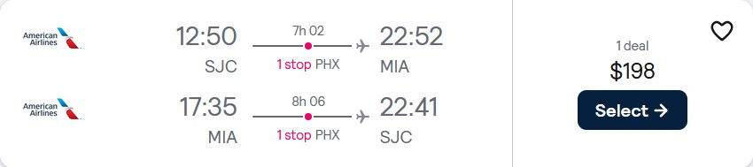 Cheap flights from San Jose, California to Miami for only $198 roundtrip with American Airlines. Also works in reverse. Flight deal ticket image.