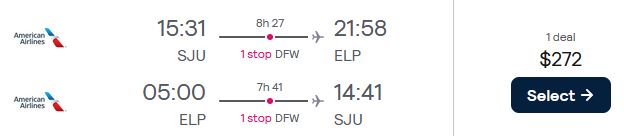 Summer flights from San Juan, Puerto Rico to El Paso, Texas for only $272 USD roundtrip with American Airlines. Flight deal ticket image.