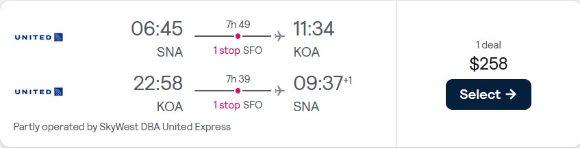 Summer flights from Santa Ana, California to Kona, Hawaii for only $258 roundtrip with United Airlines. Also works in reverse. Flight deal ticket image.