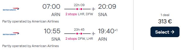 Cheap flights from Stockholm, Sweden to Santa Ana, California for only €313 roundtrip with British Airways and American Airlines. Flight deal ticket image.