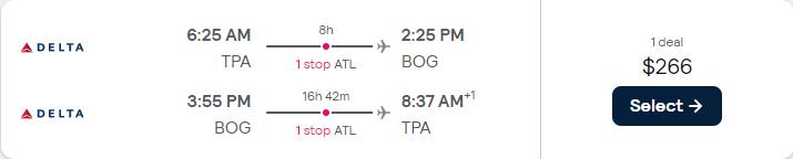 Click here to book this cheap flight deal. Cheap flights from Tampa or Boston to Bogota, Colombia from only $266 roundtrip with Delta Air Lines. Flight deal ticket image.