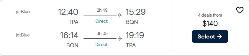 Non-stop flights from Tampa, Florida to Aguadilla, Puerto Rico for only $140 roundtrip with JetBlue. Flight deal ticket image.