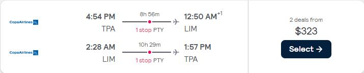 Cheap flights from Tampa, Florida to Lima, Peru for only $323 roundtrip with Copa Airlines. Flight deal ticket image.