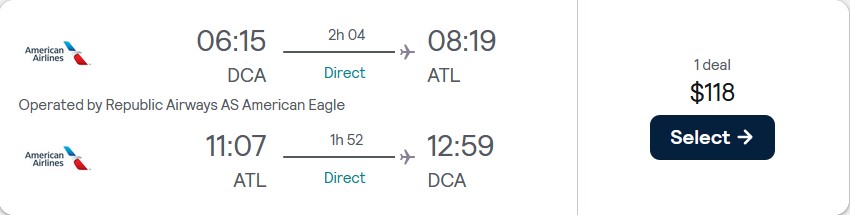 Non-stop flights from Washington DC to Atlanta for only $118 roundtrip with American Airlines. Also works in reverse. Flight deal ticket image.