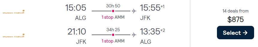 Error Fare Business Class, Christmas and New Year flights from Algiers, Algeria to New York, USA for only $875 USD roundtrip. Flight deal ticket image.