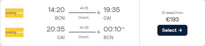 Nonstop flights from Barcelona, ​​Spain to Cairo, Egypt for just €193 return.  Image of flight offer ticket.