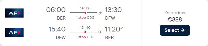 Cheap flights from Berlin, Germany to Dallas, Texas for only €388 roundtrip with Air France. Flight deal ticket image.