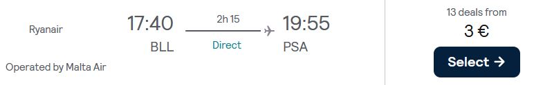 Non-stop, summer flights from Billund, Denmark to Pisa, Italy for only €3 one-way. Flight deal ticket image.