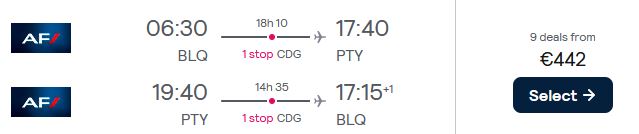 Cheap flights from Bologna, Italy to Panama City, Panama for only €442 roundtrip with Air France. Flight deal ticket image.