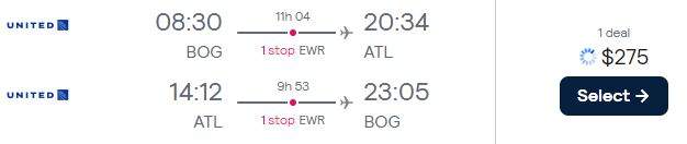 Cheap flights from Bogota, Colombia to Atlanta, USA for only $275 USD roundtrip with United Airlines. Flight deal ticket image.
