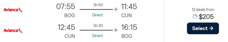 Non-stop flights from Bogota, Colombia to Cancun, Mexico for only $205 USD roundtrip with Avianca. Flight deal ticket image.